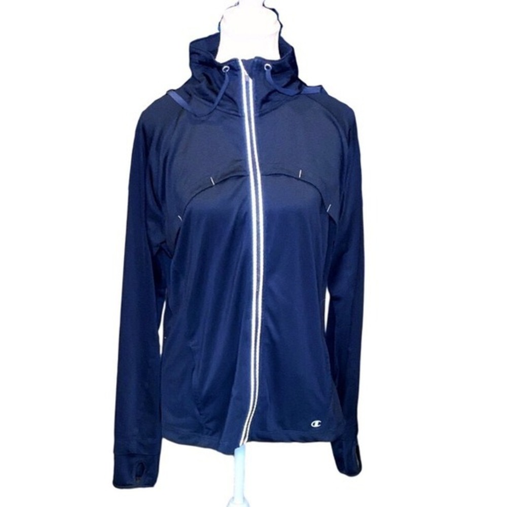 Navy Black Full Zip Hooded Athletic Training Jacket Large Champion
